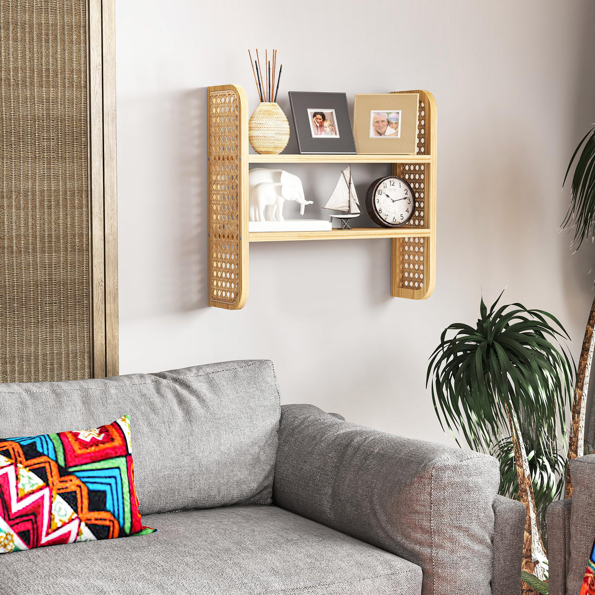 LUPWNEKA Natural 2-Tier Rattan Shelf - Wall Mounted Woven Boho Shelves, Handmade Rattan Display Shelf for Entryway, Nursery, Kitchen, Bathroom & Living Room