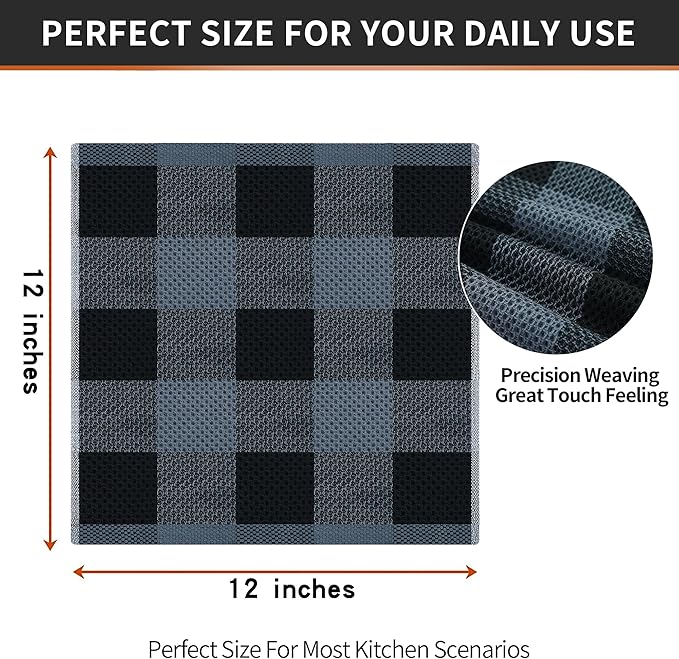 Homaxy 100% Cotton Waffle Weave Check Plaid Dish Cloths, 12 x 12 Inches