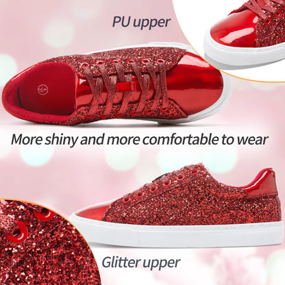 AISFAES Glitter Sneakers Sparkly Low Top Sequins Sneakers Lace Up Tennis Shoes Comfort Bling Shoes Fashion Shiny Walking Shoes(Red Glitter,12 Women/10 Men)
