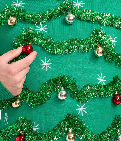 Tipsy Elves Men's Ugly Christmas Sweaters - Funny and Tacky Embellished Christmas Sweaters for Men - Green Gaudy Garland Christmas Sweater with Tinsel and Ornaments Size Large