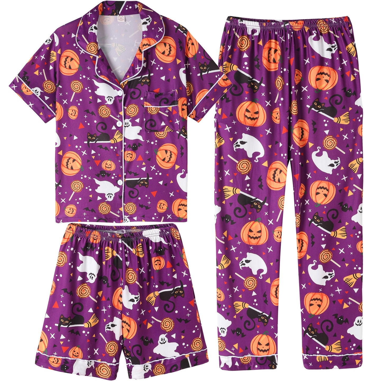 Vopmocld Girls Pajama Sets - 3pcs Button Down Short Sleeve Long Pants With Shorts Sleepwear Cute Patterns Nighty For Teens, Halloween, 12
