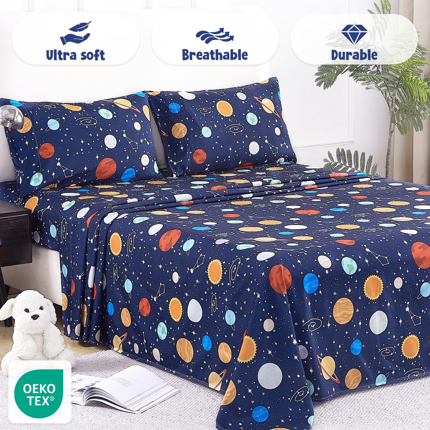 CozySmile Full Sheet Set Kids,4 Pieces Breathable Soft Microfiber Bedsheets for Child Boys, Oeko-TEX, Anti Pilling Deep Pockets Easy Care Bed Sheets, Planet