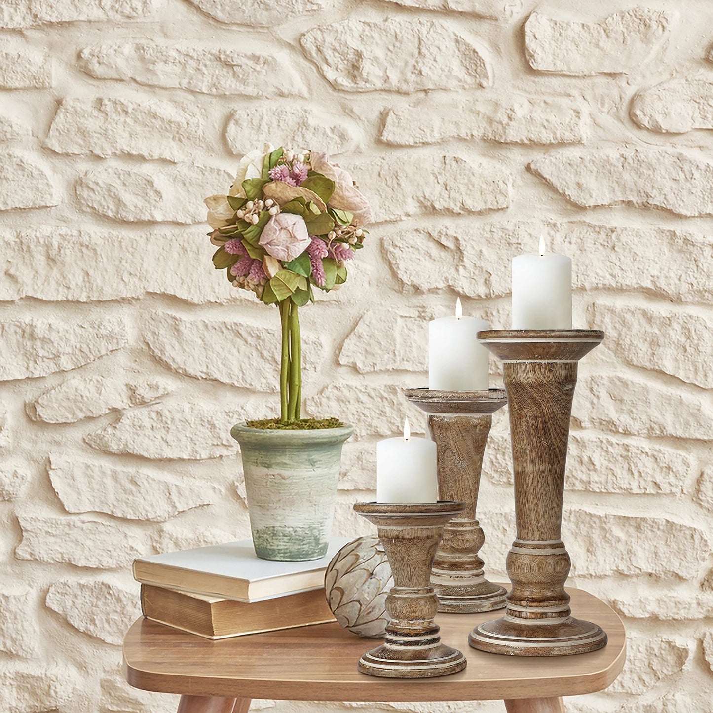 Hand Crafted Decorative Wooden Pillar Candle Holder Stand Siren Shape, Rounded Turned Colums, Country Style Ideal for Gift, Wedding, Christmas, Party, Home, Spa - 10,8,6 Inch Set of 3 - White Wash