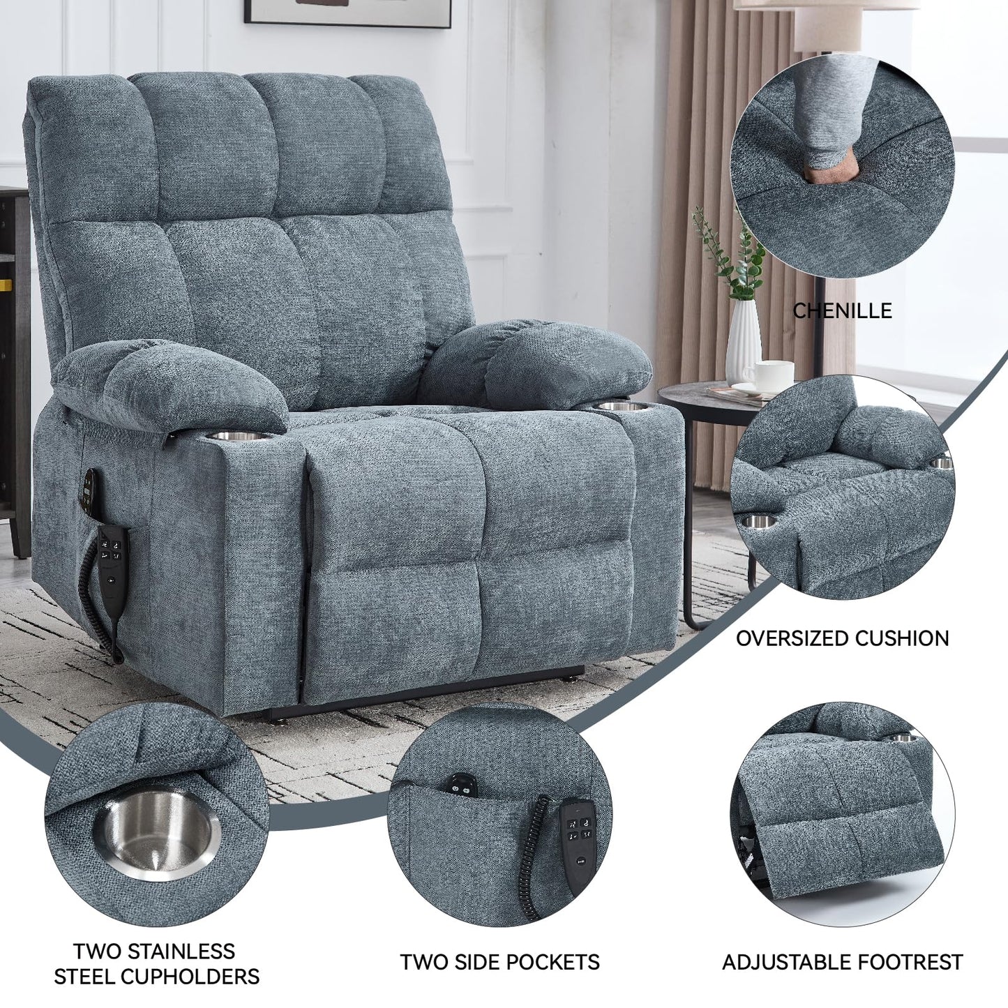 KEIKI Large Dual Motor Power Lift Recliner Chair for Adult, Chenille Upholstery Breathable Rocking Chair with Back Massager and Heated with Cup Holders, Modern Soft Living Room Lounge,Grey Blue