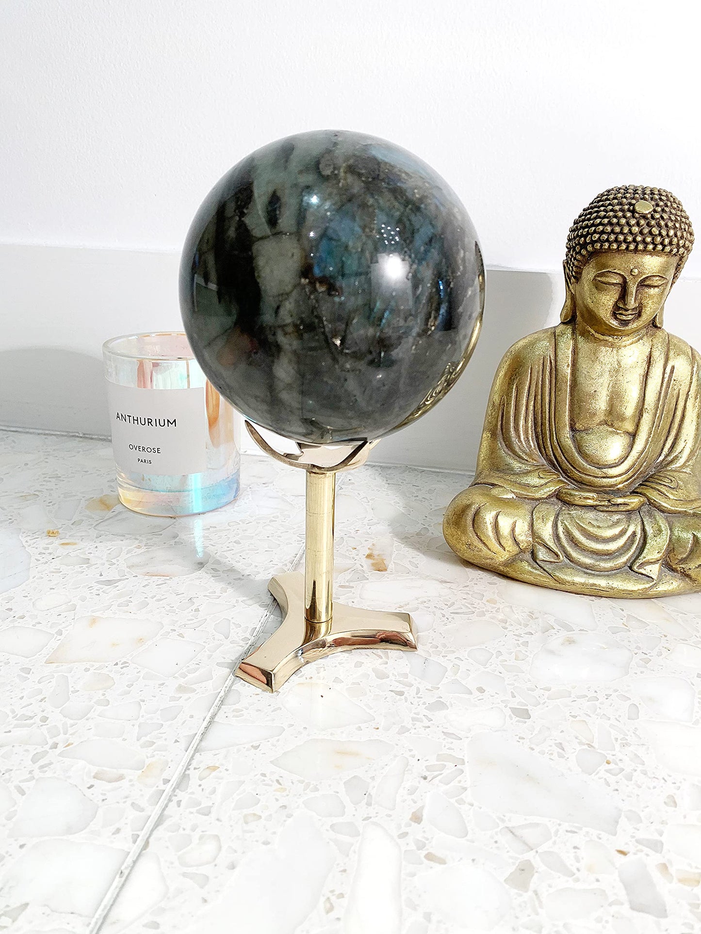 Modern Crystal Display Stand | Brass Rock Stand for Shelf | Sphere Mineral Specimen Collection