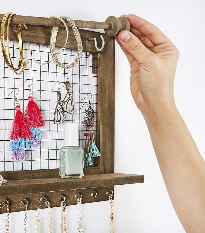 Rustic Jewelry Organizer with Bracelet Rod Wall Mounted