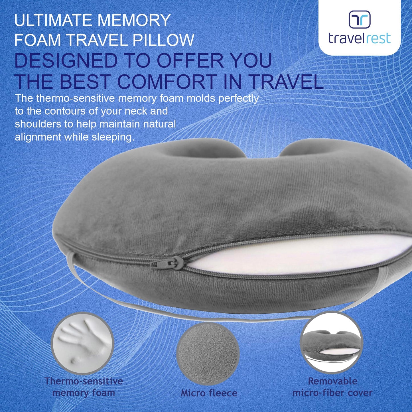 TRAVELREST Nest Neck Pillow Travel Essentials - Memory Foam Pillow and Patented Design, Support for Long Flights, Travel Accessories, Comfortable and Compact, Washable, Attaches to Luggage - Gray