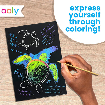 Ooly Scratch & Scribble 10pc Art Kit with 8 Total Scratch Cards (4 Illustrated, 2 Blank, 2 Rainbow) with Scratching Tool and Sparkled Stickers, Art Set Gifts for Kids - Ocean Life