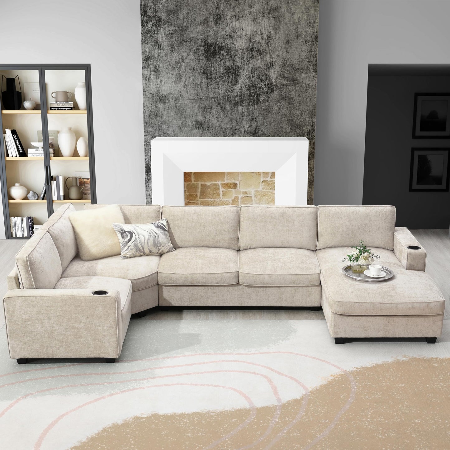 Merax Modern Oversized U-Shaped Sectional Sofa with Cup Holders & Chaise Lounge, Chenille 6-Seat Couch Set Sleeper Bed with Deep Seat Beige