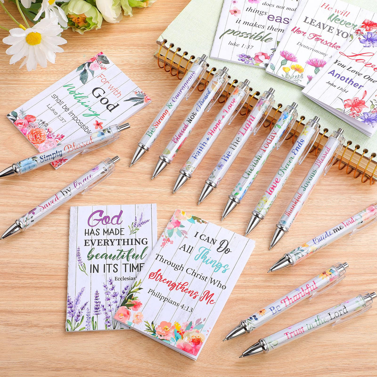 Colarr 12 Sets Christian Bulk Gifts for Women Bible Verse Pens Notebooks Religious VBS Scripture Ballpoint Pens Bookmarks Journal for Easter Sunday School Church Inspirational Supply(Floral)