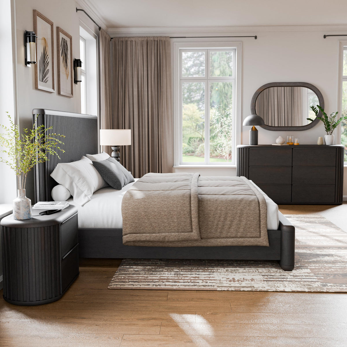 Furniture of America Elizea Modern Contemporary Solid Wood 5-Piece Queen Panel Bedroom Set with USB Ports, Fluted Headboard and Dust-Proof Case, Box Spring Needed, Black