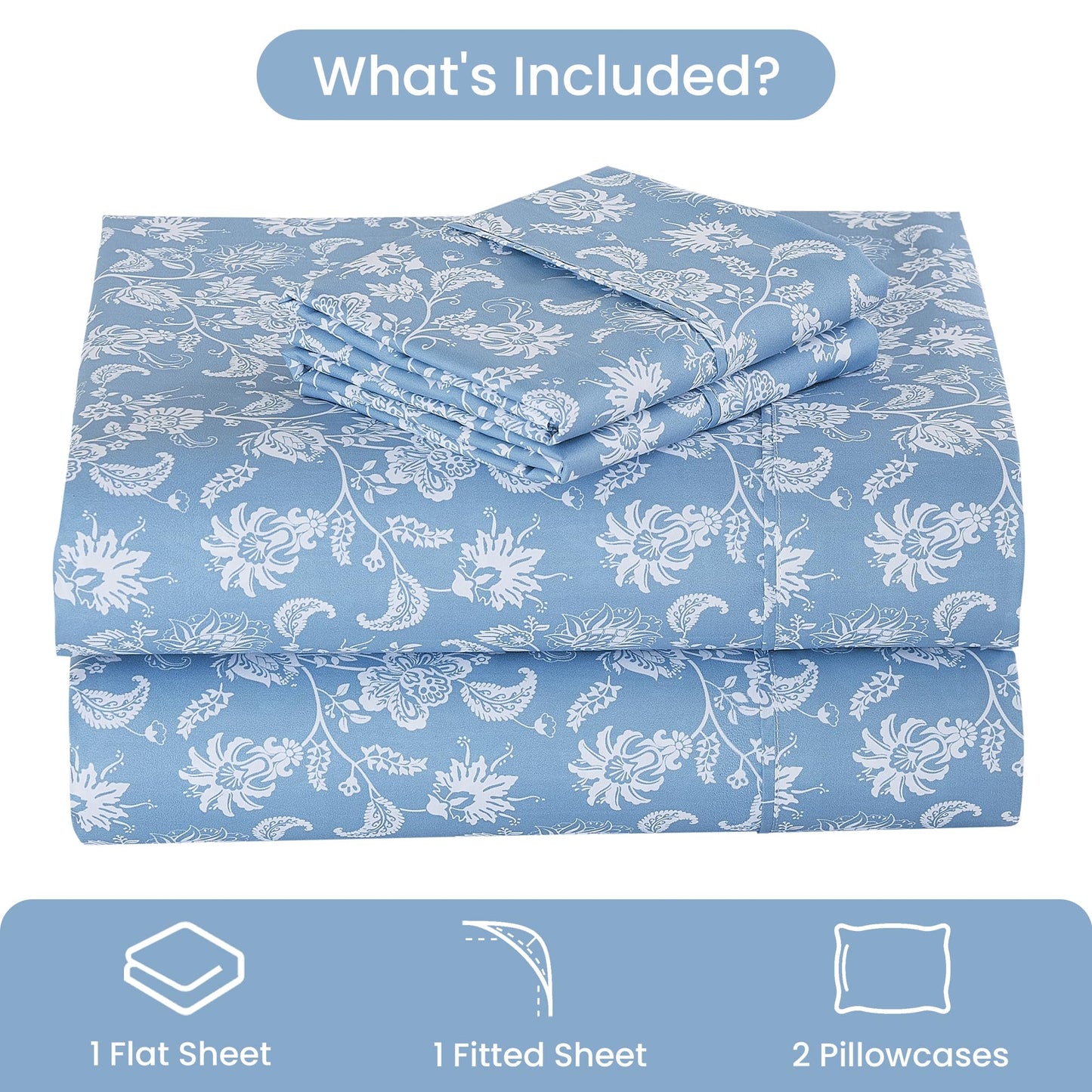 Mooreeke Cozy Vintage Microfiber Printed Full Sheet Set - Soft & Breathable Percale Blue Paisley Bed Sheets with Extra Deep Pocket - Non-Slip Fitted Design - Blue Flower Pattern - Full