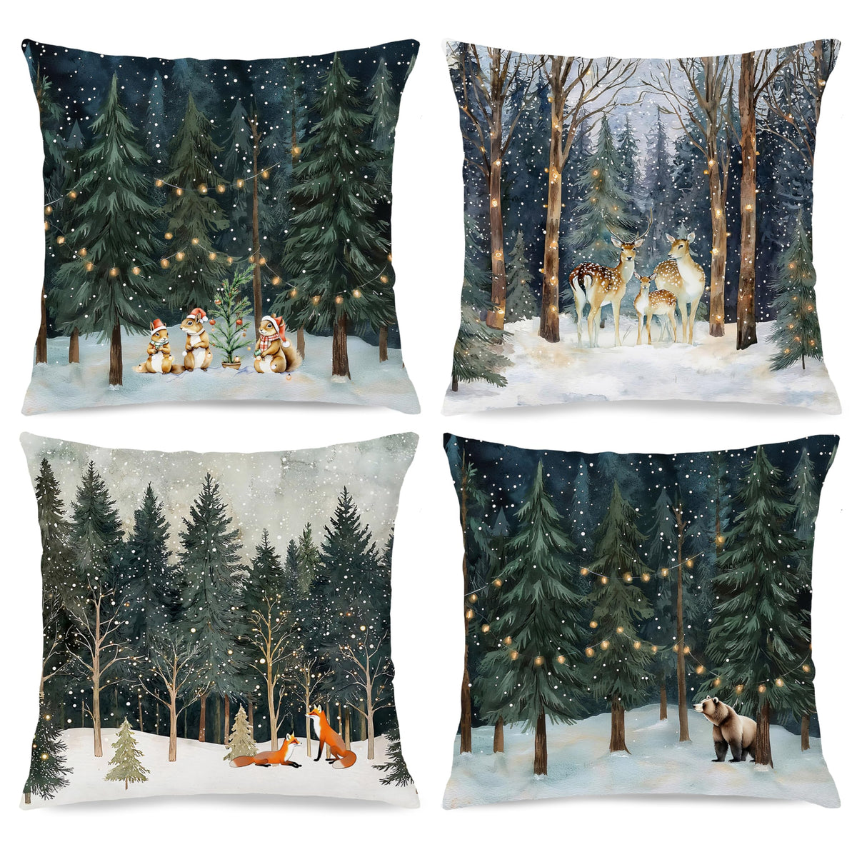 Nipil Christmas Winter Reindeer Squirrel Fox Bear Forest Pillow Covers 18x18 Set of 4,Rustic Christmas Xmas Animal Forest Winter Decorative Throw Pillow Covers for Home Bedroom Living Room