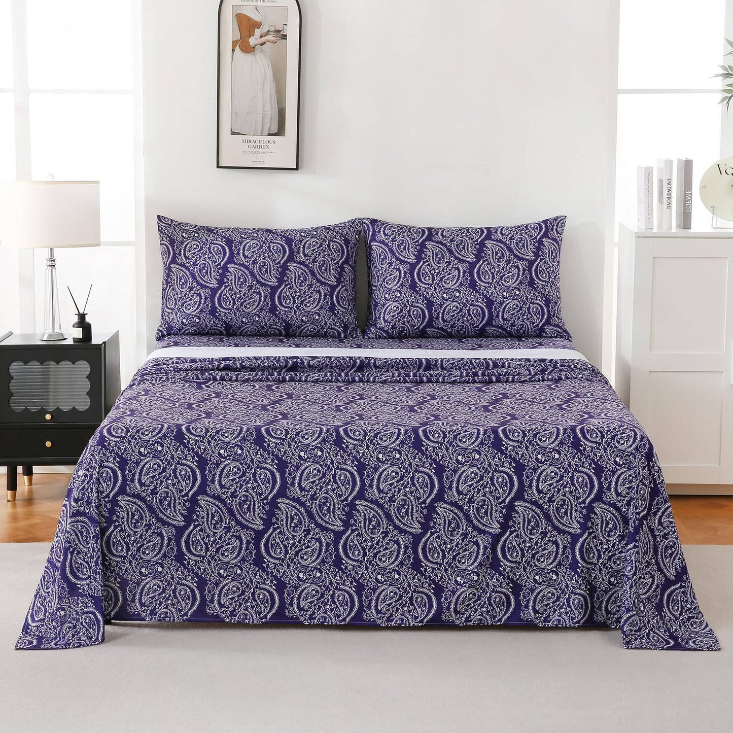 Yibeizi King Size Sheets Set Deep Pocket Purple Paisley Bed Sheet Sets, Floral Printed Soft Microfiber Oeko-Tex Hypoallergenic Sheets & Pillowcases Wrinkle Free Bedsheets