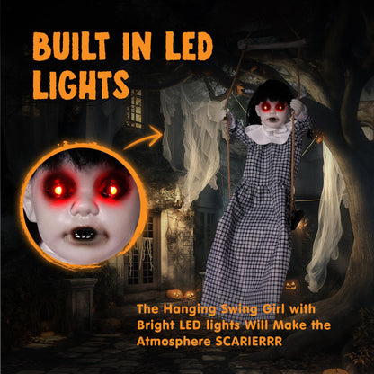 JOYIN Outdoor Halloween Hanging Scary Swing Girl Decorations, Outdoor Swinging Doll with Creepy Sound and Light Up Eyes Sound, Animated Hanging Decors Activated for Garden Yard Lawn