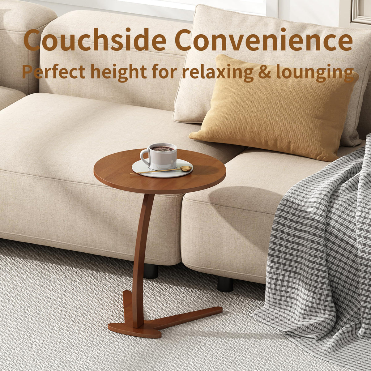 FIDOOM C Shaped End Table, Small Round Side Table for Couch, Slide Under Sofa Tray Desk for Living Room Bedroom, Solid Wood TV Tray Table for Narrow Space (15” Chestnut)