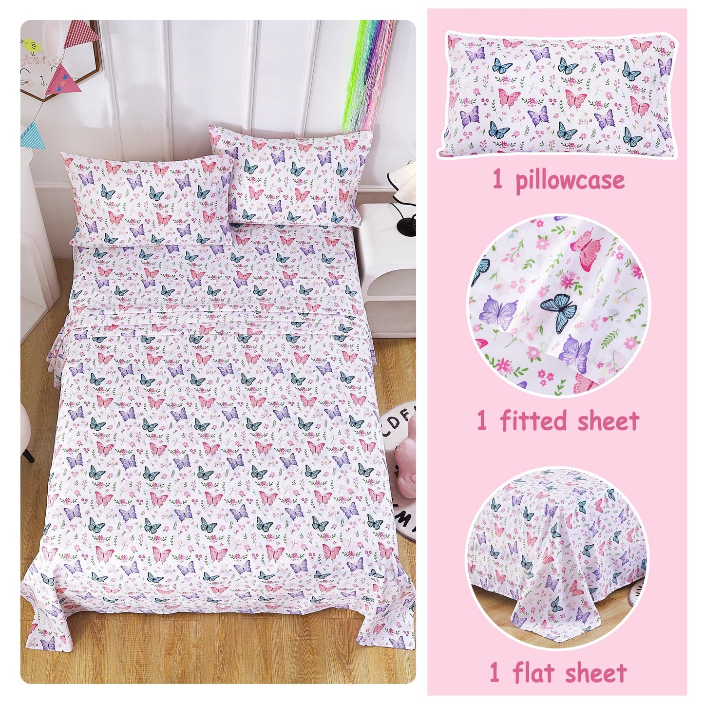 Softan Kids Bed Sheet Set, 3-Piece Twin Sheets Set, Microfiber Fitted Sheet with 15 Inches Deep Pocket and Corner Straps, Breathable & Silky Soft Butterfly Flower Printed Sheet and Pillowcase Sets