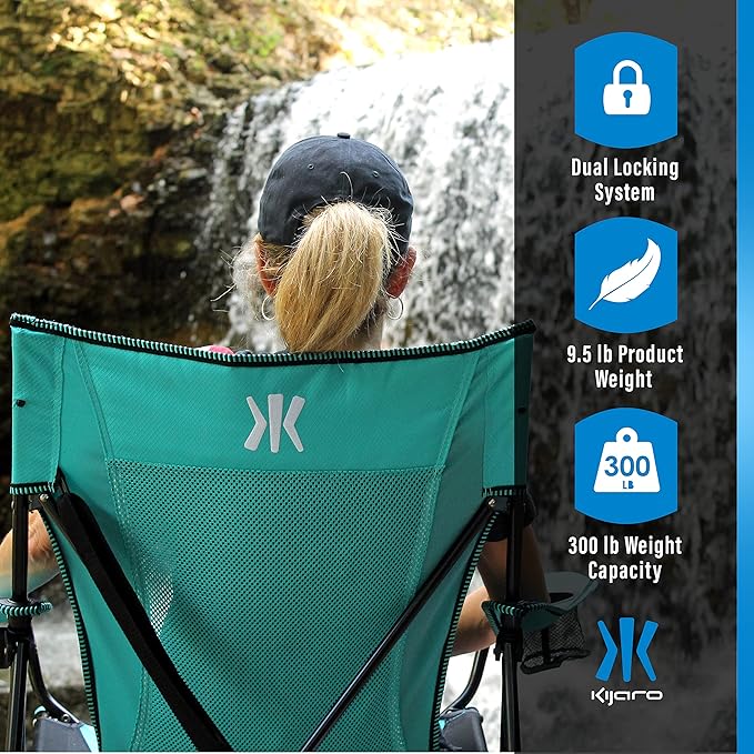 Kijaro Dual Lock Portable Camping Chair - Versatile Folding Sports and Outdoor Chair for Lawn - Locks Position - Ionian Turquoise