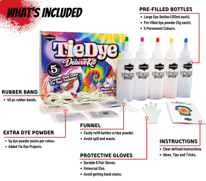 KUMBER Tie Dye Kit Kids - 5 Colours with Extra Dye Powder, Rubber Bands, Gloves and Funnel - Art and Craft Set for Dyeing Clothes, Creative Games & Activities - Suitable for Kids and Adults