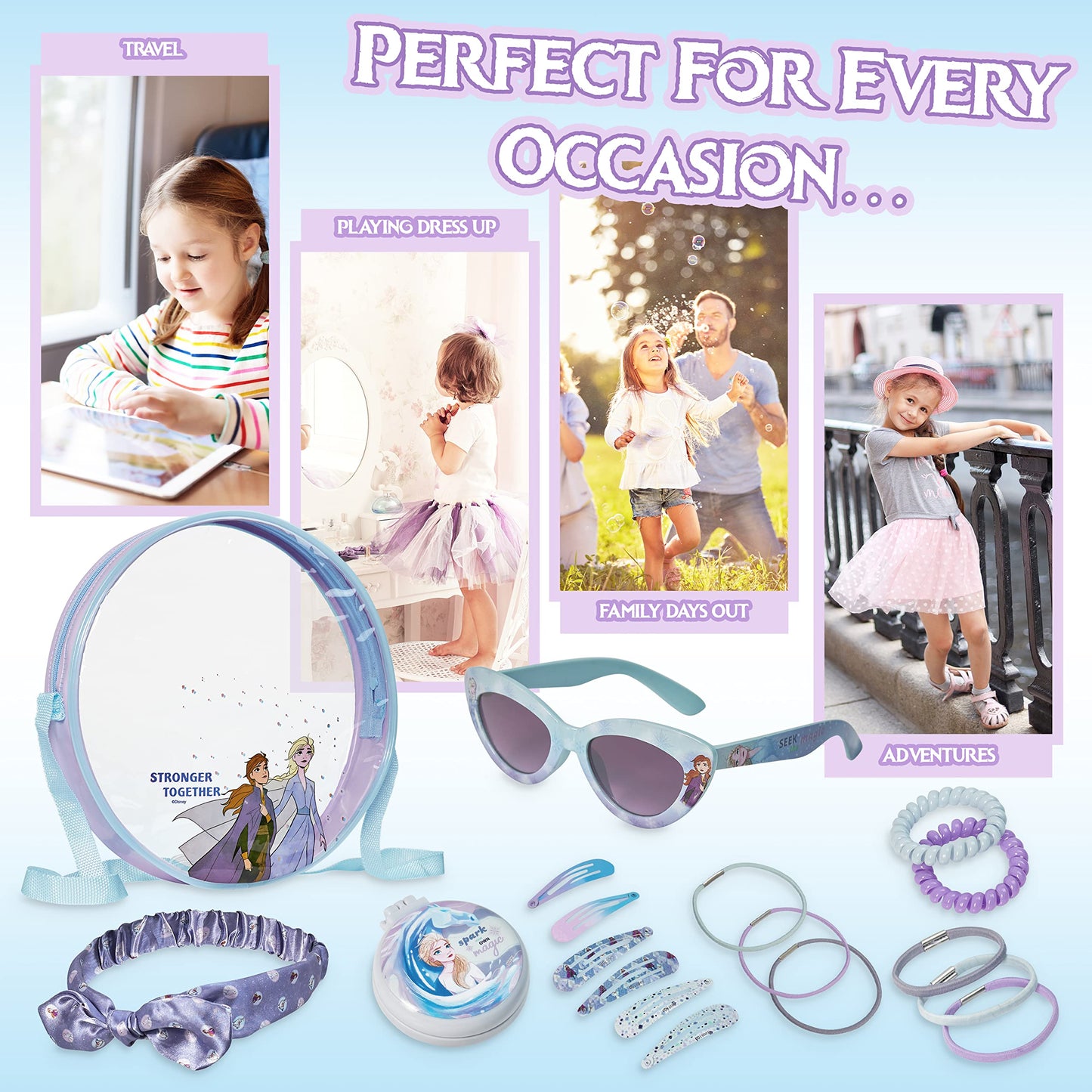 Disney Stitch Handbag for Kids Cute Shoulder Bag with UV400 Sunglasses Hair Clip Hairbands Hair Accessories for Girls Pretend Play Dress Up Stitch Gifts (Blue/Purple Frozen)