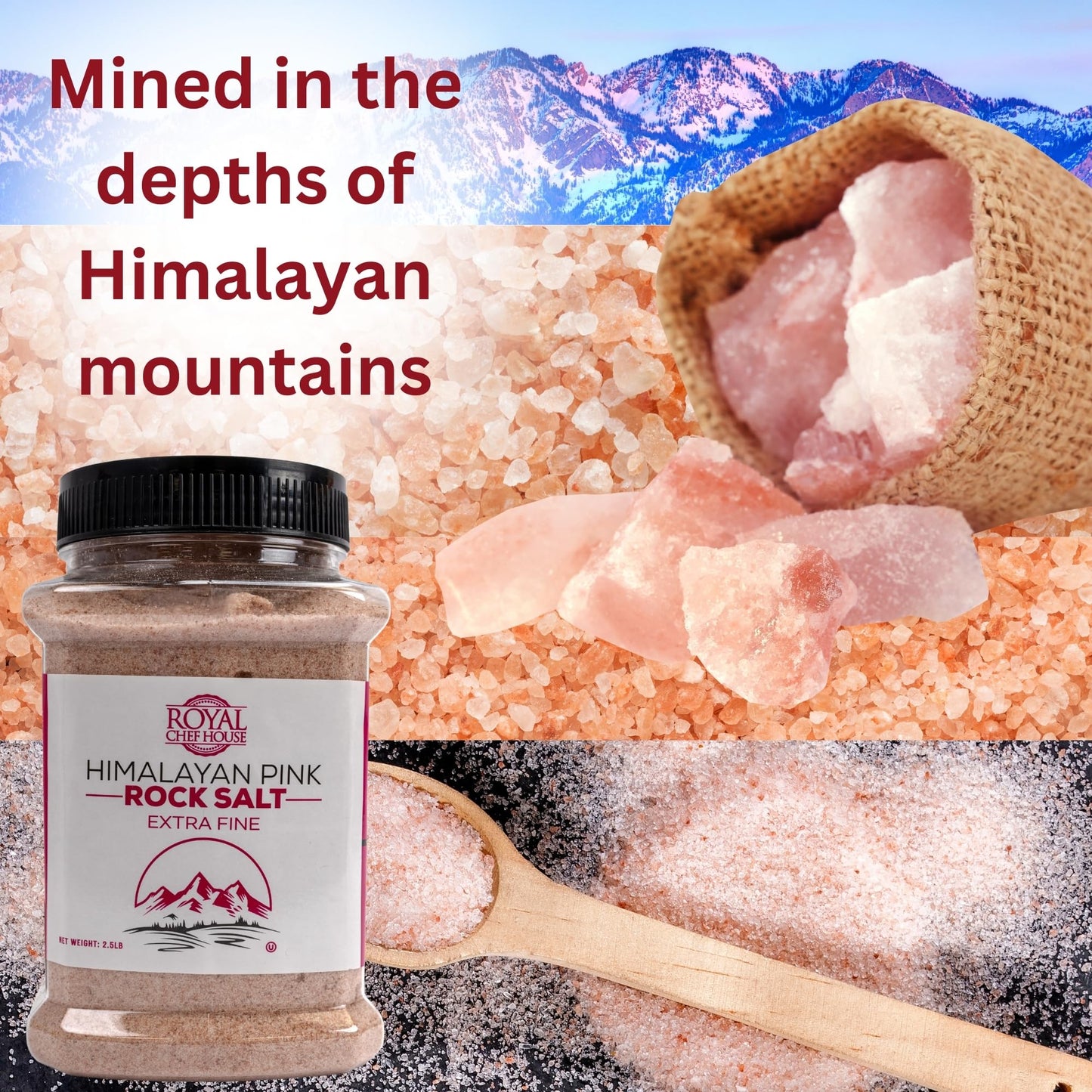 RoyalHouse, Himalayan Extra Fine Pink Salt - 2.5 lbs Extra Fine Bulk in Jar, Pure Gourmet Crystals, Natural - Contains 84 Minerals, Suitable for Body Bath Scrubs, Table Salt - Kosher