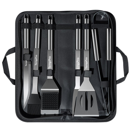 TempPro Grilling Accessories Grill Set with Spatula, Fork, Brush & Tongs, Heavy Duty Stainless Steel Grill Tools for Camping Burger, BBQ Accessories for Men Dad Him (Previously ThermoPro)