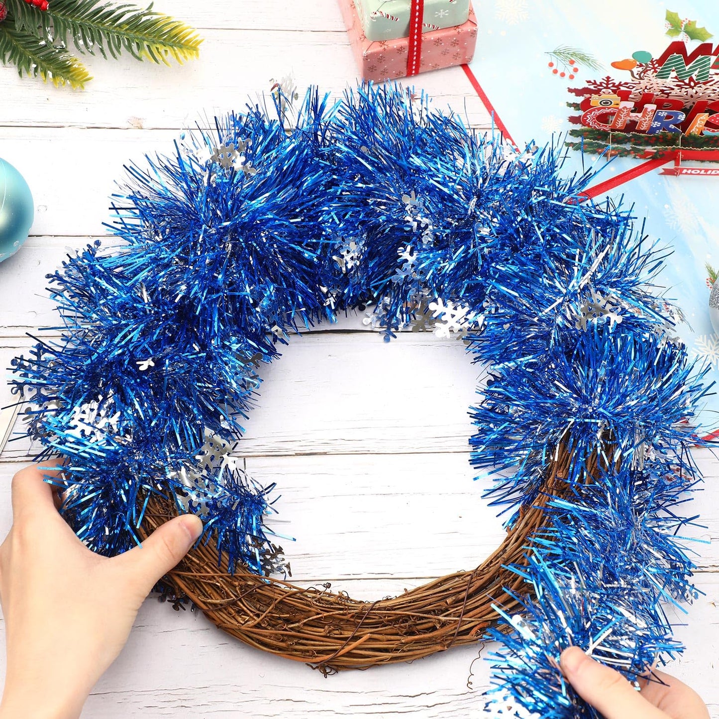 MARFOREVER Blue Snowflake Tinsel Garland Winter Wonderland Decorations, Winter Metallic Twist Garland for Winter Holidays New Year Weddings Party Home Wall Classroom Hanging Decor, 3 Pcs 19.7 FT
