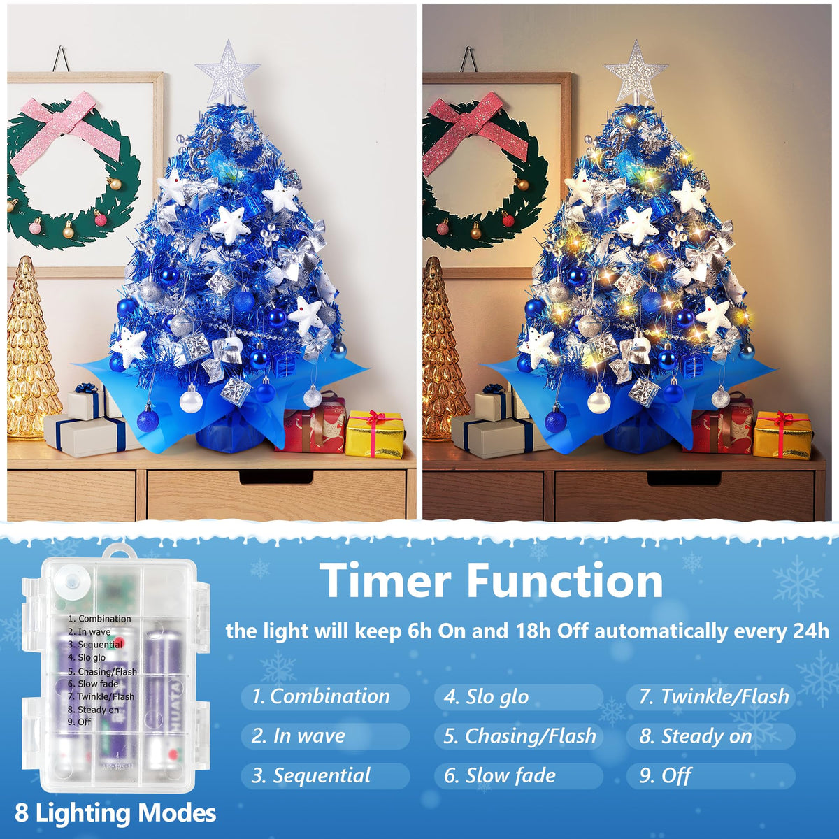 2FT Mini Christmas Tree, Blue Tabletop Christmas Tree, Prelit Small Christmas Trees with 60 LED Lights, 100 Lifelike Branches, 73 Ornaments, Artificial Xmas Tree for Home Indoor Decor