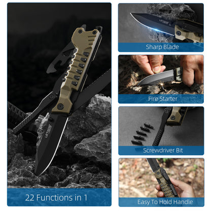LETGOS Multi Pocket Knife, 22 in 1,Survival Gear EDC Tools with Nylon Sheath, Emergency, Camping, Hiking, Hunting, Gift for Men Women (Desert Gray)