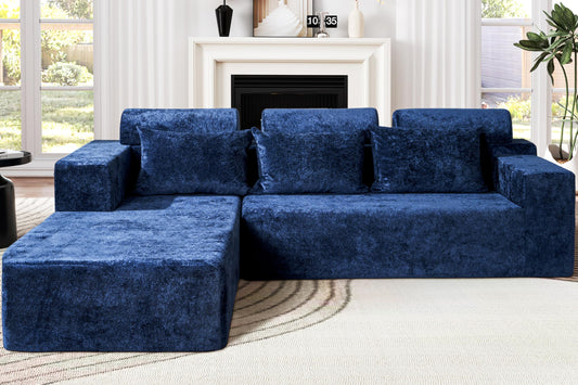 Homguava Modular Sectional Couches for Living Room,105" Cloud Couch with L-Shape Chaise,Comfy Sofa Living Room Couch with Deep Seat,No Assembly L Couch,Luxury Distressed Velvet(Blue,L)