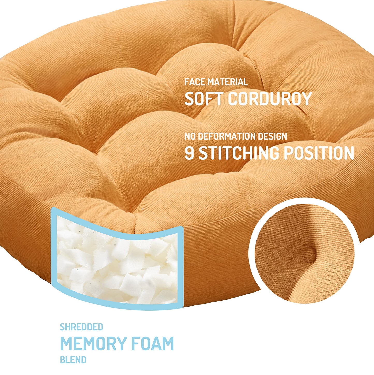 Floor Cushion Pillow Set of 2, Round Large Pillows Seating for Adults, Tufted Corduroy Cushions for Living Room Tatami, Orange Yellow, 22 Inch