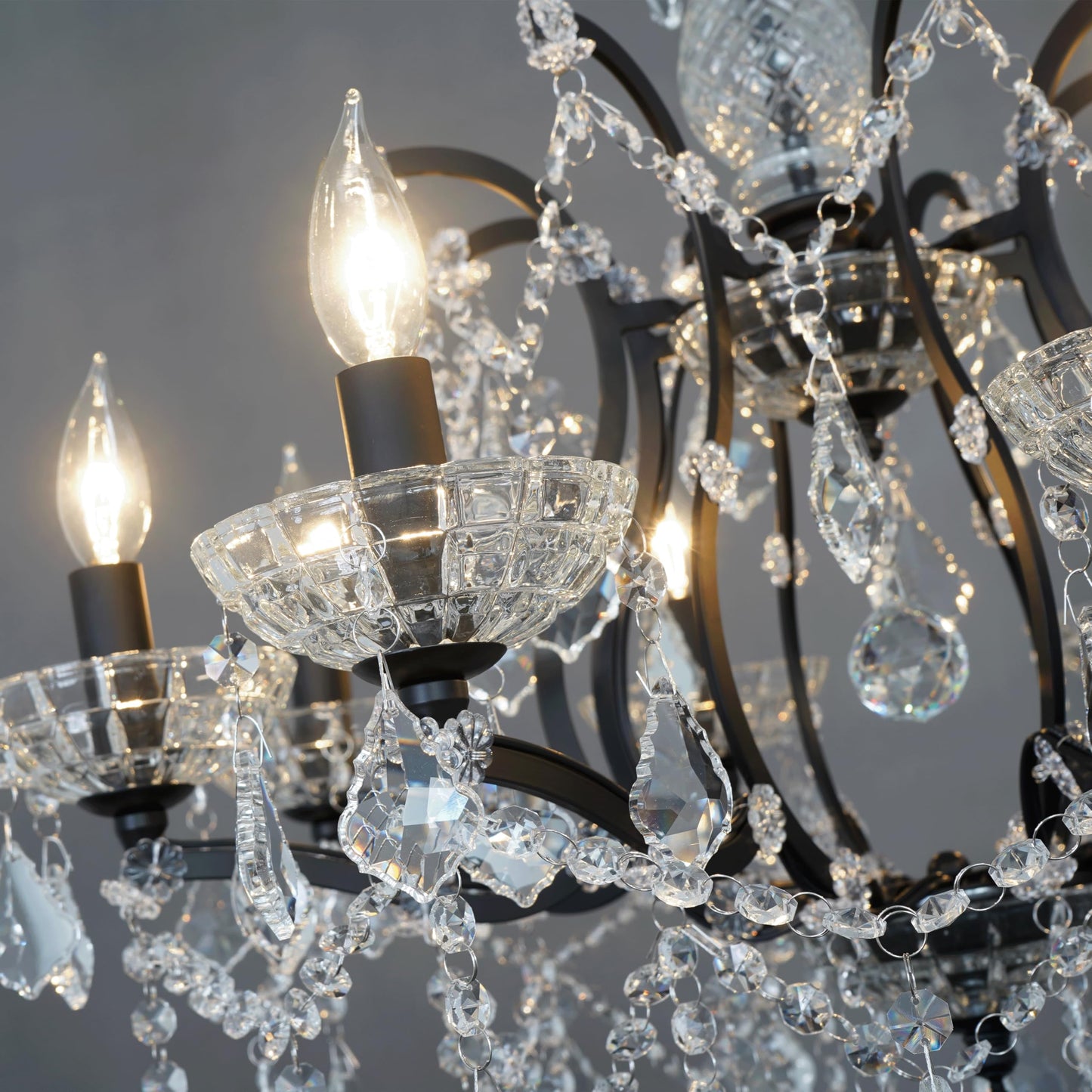 CHGUOSZ 8-Light Crystal Chandelier Black Finish Modern Luxury Antique Flush Mount Chandelier with Crystal Drops Prisms Beads, Elegant Dining Room Living Room Entryway Foyer Ceiling Light Fixture