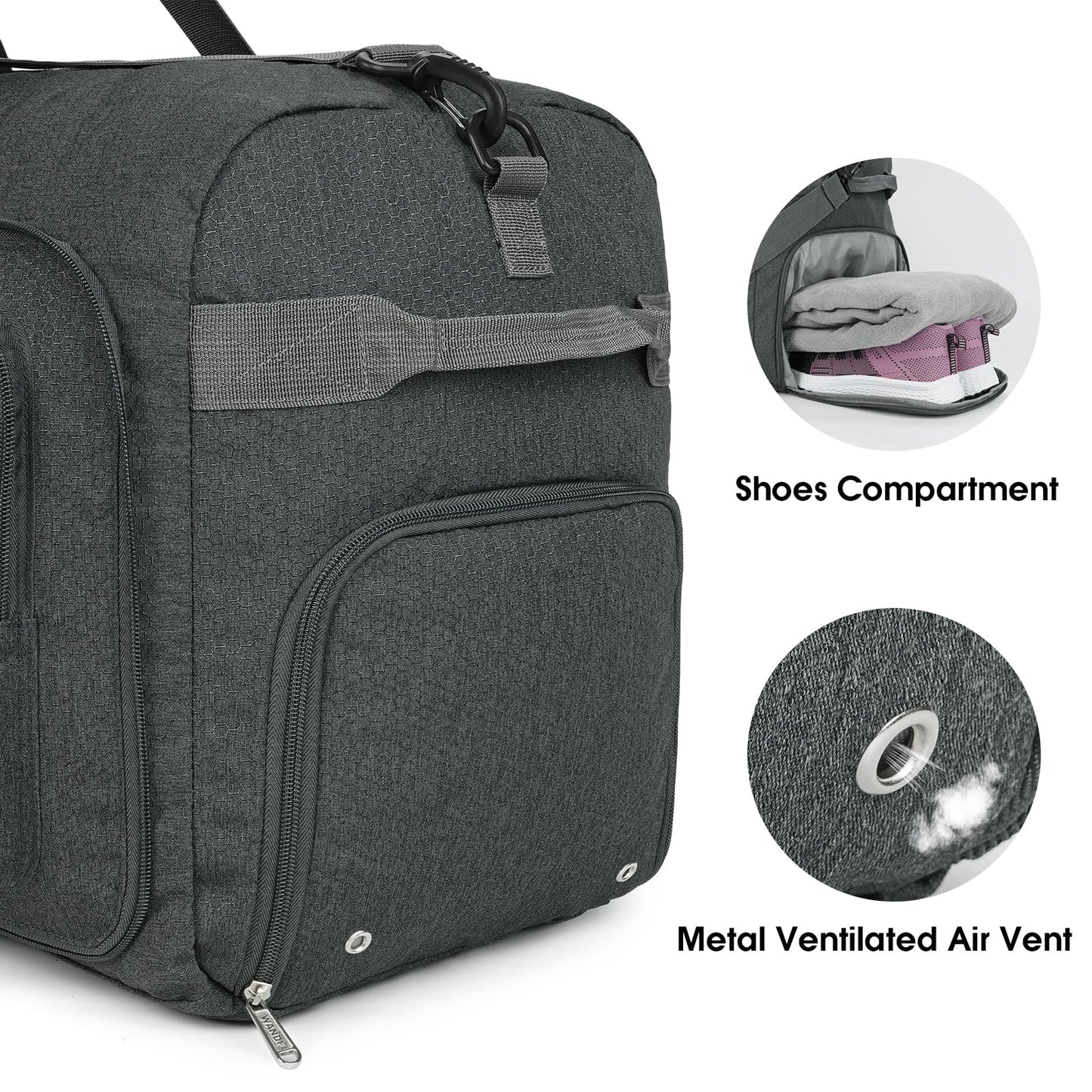 WANDF Travel Duffle Bag 65L Shoes Compartment Foldable Overnight Weekender Bag Carry On Bag for Men Women (Grey)
