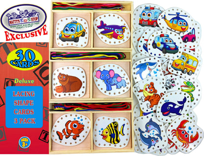 Matty's Toy Stop Deluxe Lacing Shapes (10 Count) Vehicles, Fish & Jungle Animals Educational Gift Set Bundle - 3 Pack (30 Shapes Total)