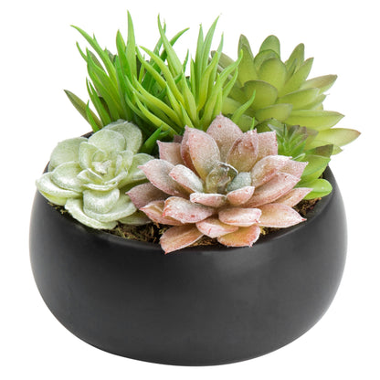 MyGift Mini Artificial Succulent in Pot, Fake Plant Arrangement in Black Ceramic Planter Bowl