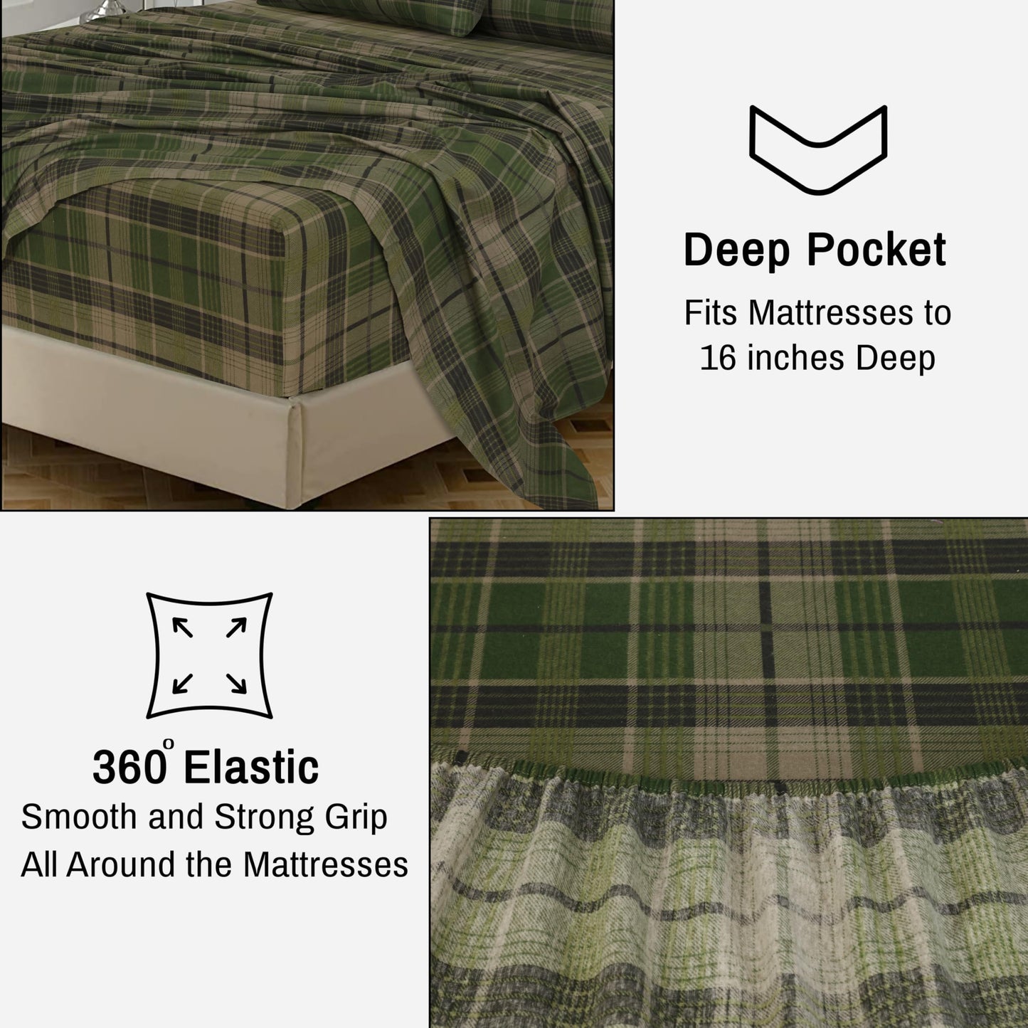 RUVANTI Flannel Sheets Queen Size - 100% Cotton Double Brushed Bed Sheets, Deep Pockets 16 Inches Queen Sheet Set, All Seasons Breathable & Extra Soft - Warm & Cozy, 4 Piece, DNA Plaid