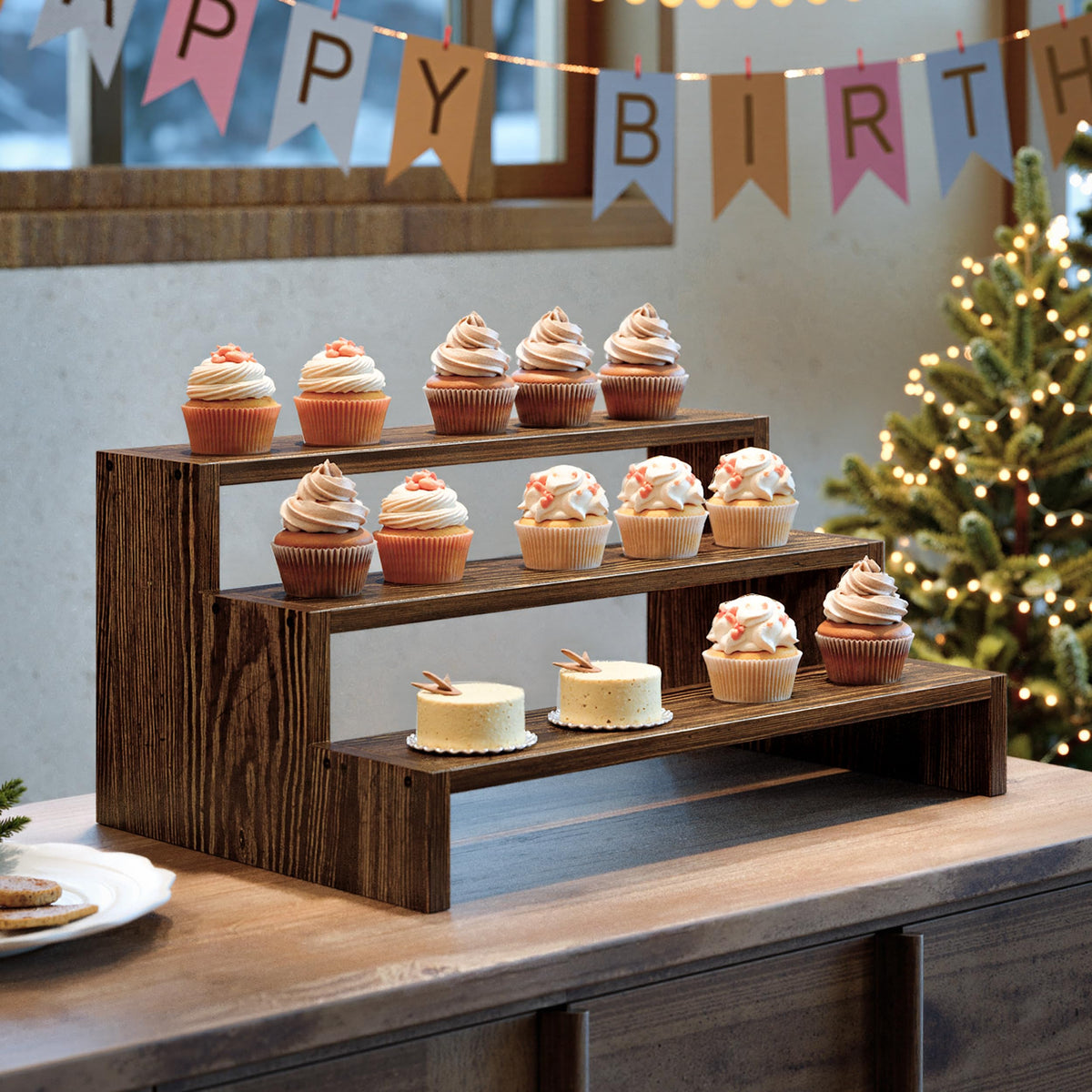 Evermagin 2PCS Wooden Display Risers Set for Birthday Parties, 3 Tier Cupcake Stands for Dessert Table, Rustic Dessert Table Display, Buffet Risers Display Stands for Vendor Events