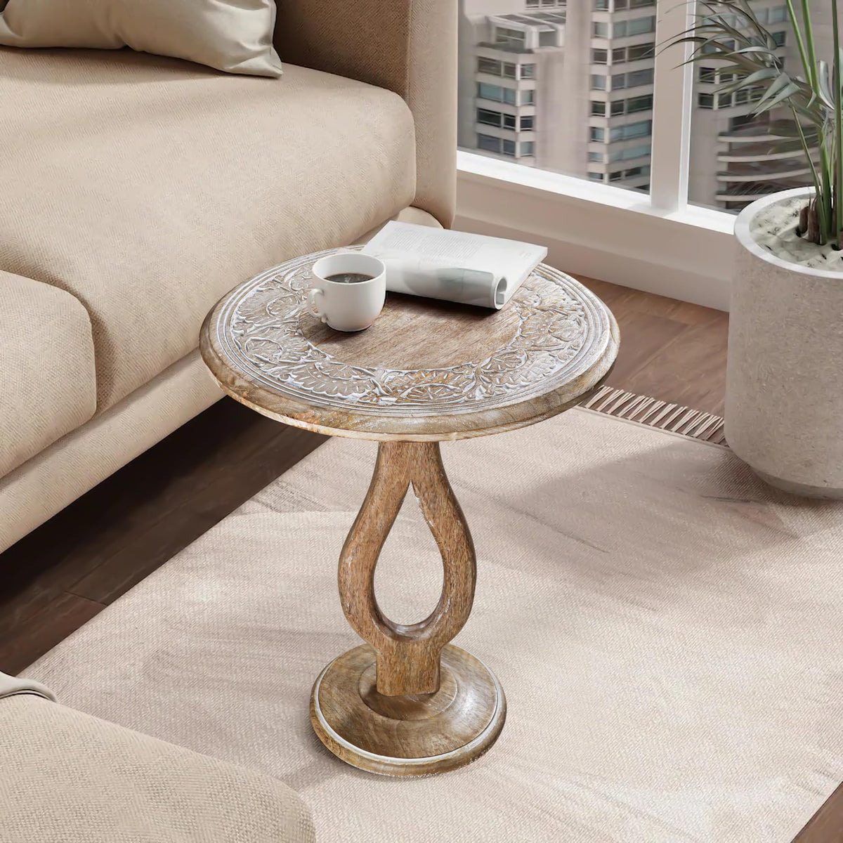 End Tables for Living Room- Small Drink Table for Small Spaces,Modern Accent Nightstand with Hand-Carved Top & Solid Wood Side Tables for Drying Room,Bedroom, Office - 18x22 White wash_Pride Styles
