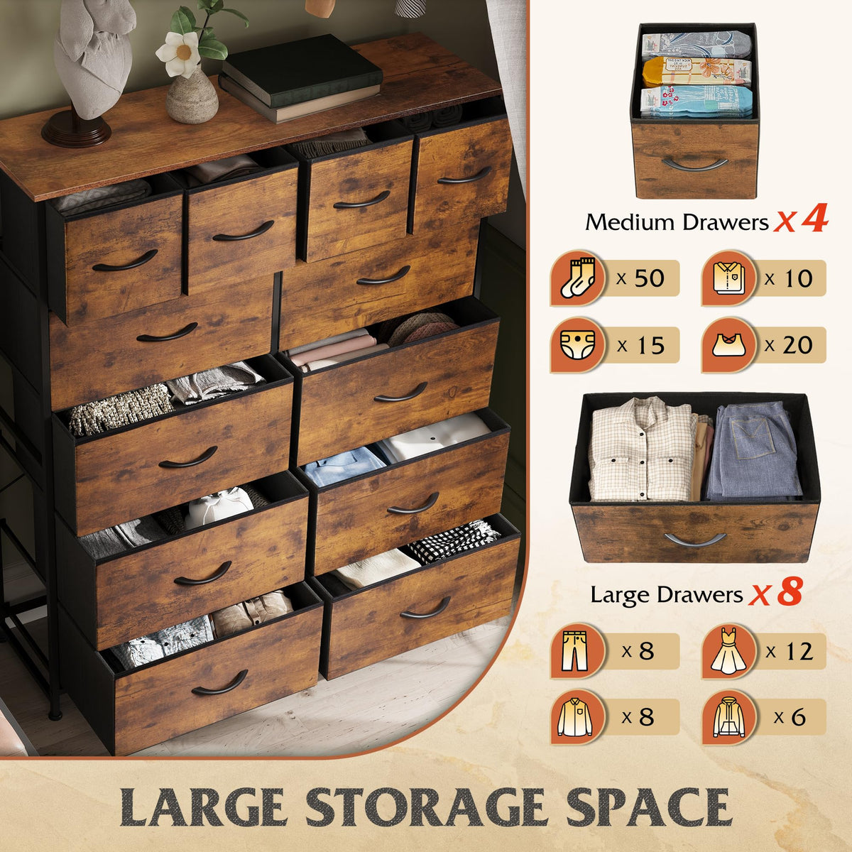 WLIVE Tall Dresser for Bedroom with 12 Drawers, Dressers & Chests of Drawers, Fabric Dressers for Closet, Storage Dresser Organizer with Steel Frame, Wood Top, Rustic Brown Wood Grain Print