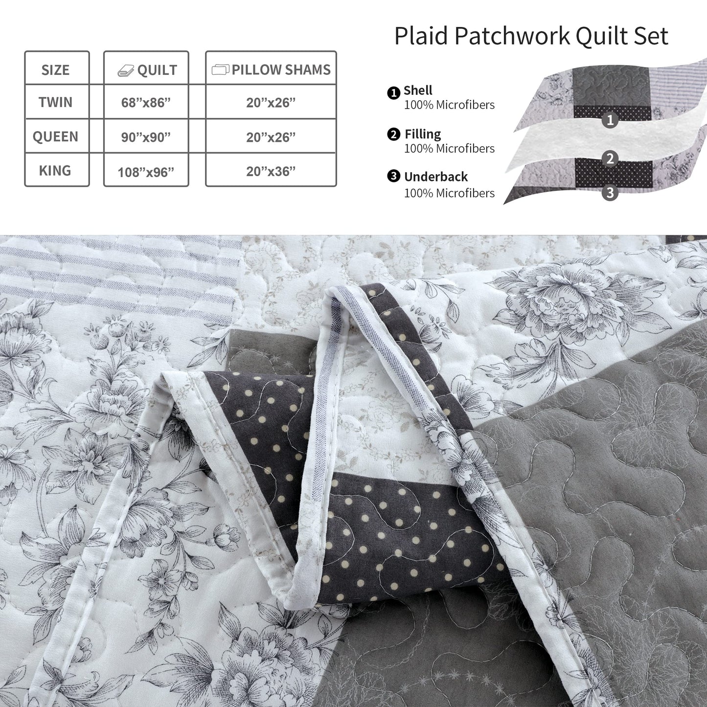 Morden Lightweight Queen Bedspread - Floral & Plaid Reversible Quilt Set - Grey & Black White Paisley & Floral Pattern