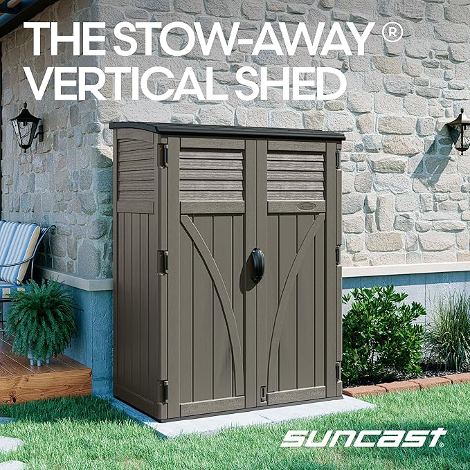 Suncast Outdoor Storage Cabinet Waterproof Resin Vertical Outdoor Storage Shed (54 cu. ft.) for Patio, Garden Tools, Cushions, & Equipment. Weatherproof Plastic Multi-Wall Design, Capacity Made in USA