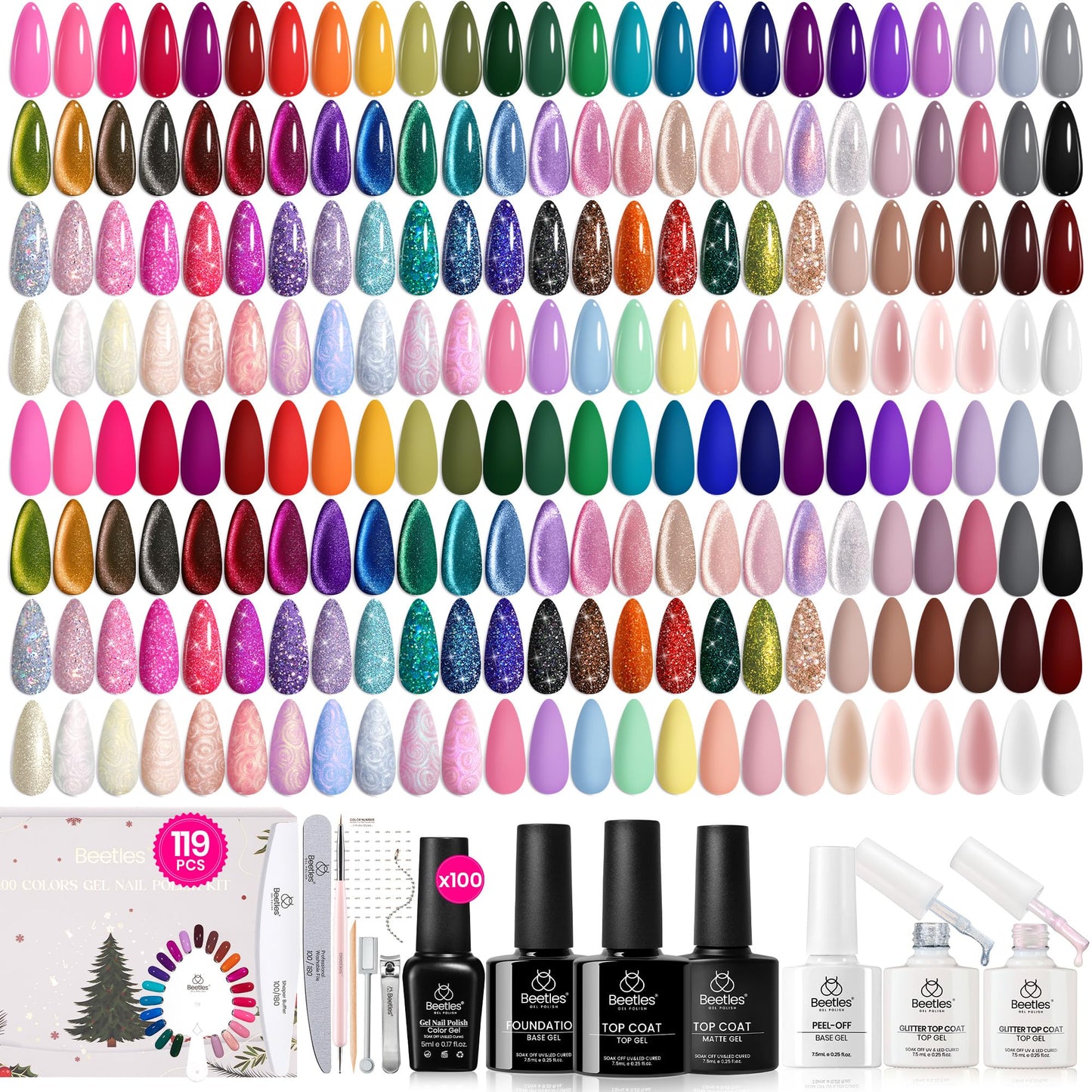Beetles Gel Nail Polish Gift Set– Christmas Kaleidoscope 100 Vibrant Colors with Base & Top Coats Glitter Matte Glossy Finishes Cat Eye Pearl Nail Polish Nail Art Gift for Women Salon Home DIY Use