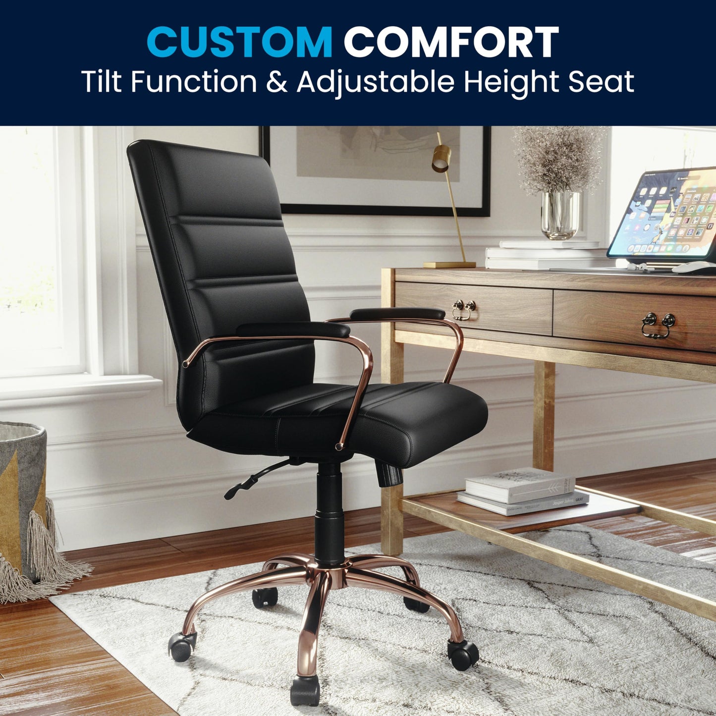 Flash Furniture Whitney Mid-Back Swivel LeatherSoft Desk Chair with Padded Seat and Armrests, Adjustable Height Padded LeatherSoft Office Chair, Black/Rose Gold