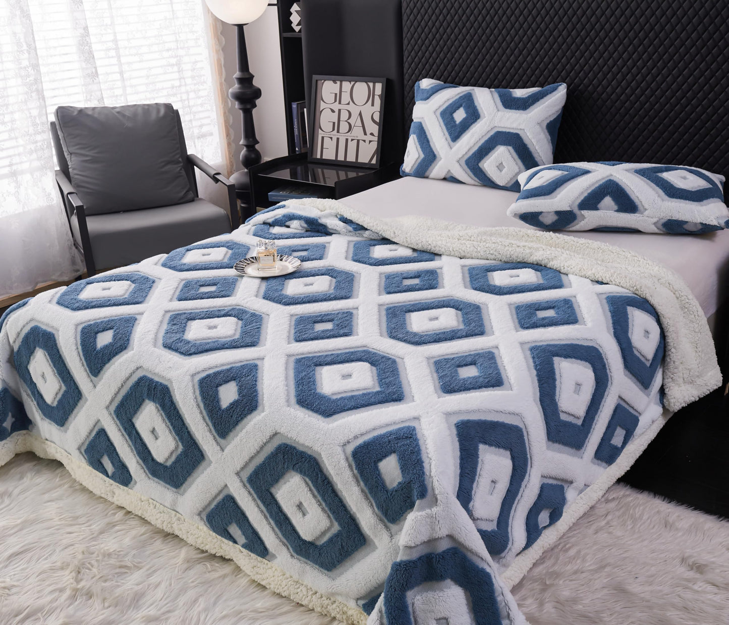 LEVINIS Boho Sherpa Fleece Blanket 80'' × 90'', Ultra Soft Aztec Queen Blanket for All Season, Cozy, Plush, Bohemian Throw Blankets for Bed/Couch/Sofa/Office/Camping, Blue