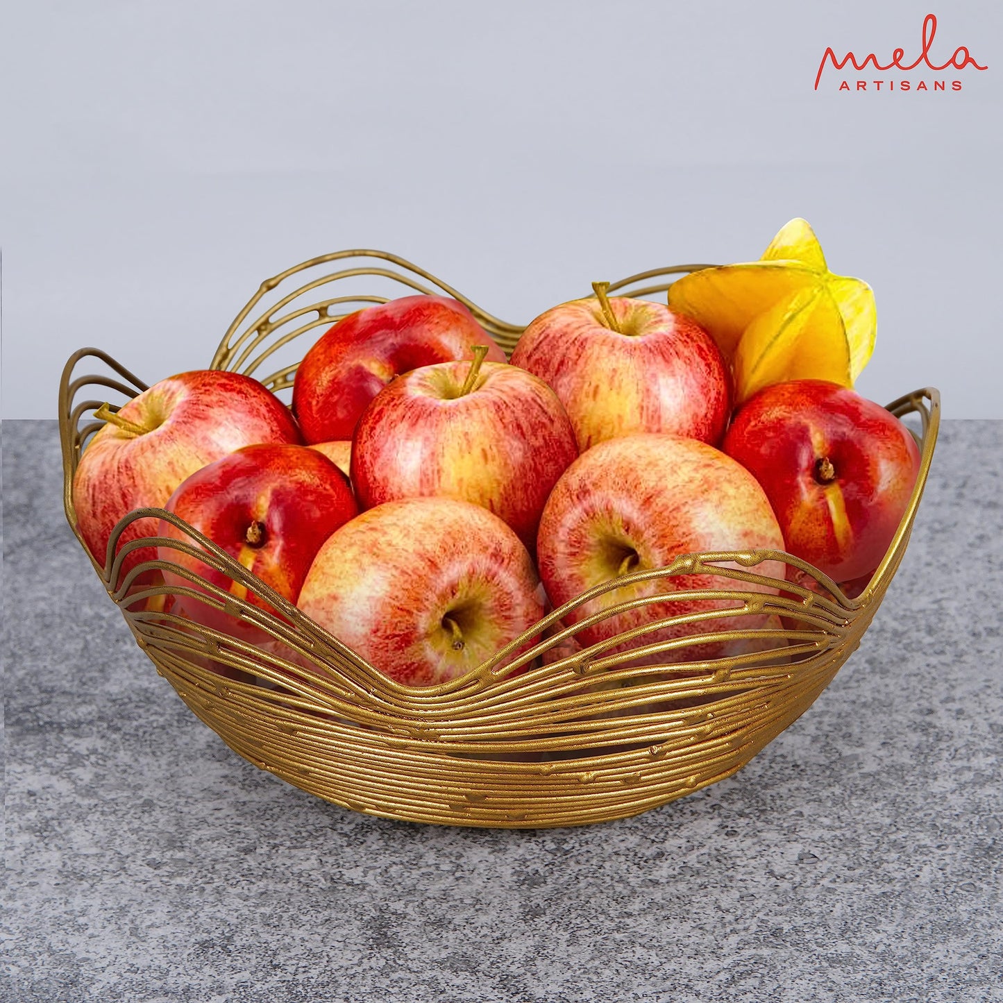 Mela Artisans 12 in Wide x 6 in Tall Gurez Valley Gold Metal Fruit Basket – Decorative Gold Wire Fruit Bowl for Kitchen Counter, Snacks, Flowers and Home Decor