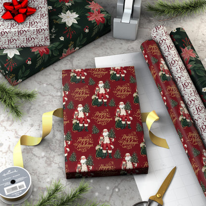 Hallmark Elegant Christmas Wrapping Paper Rolls (3 Rolls: 120 Sq. Ft. Total) Red Joy on White, Santa Claus and Happy Holidays on Red, Painted Poinsettia on Hunter Green