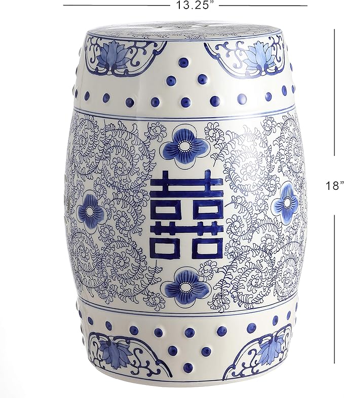 JONATHAN Y TBL1013A Double Happiness 18" Chinoiserie Ceramic Drum Indoor/Outdoor Garden Stool Bohemian, Coastal, Classic, Cottage, French Country, Traditional, Bathroom, Garden Room, Patio, Blue/White