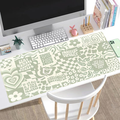 DCJJM Boho Aesthetic Desk Mat Beige Retro Hippie Boho XXL Large Extended Gaming Green Sage Mouse Pad Women Gamer Girl Work Office Computer Deskmat Mousepad Laptop Keyboard Mat Desk Pad 31.5x15.75 in