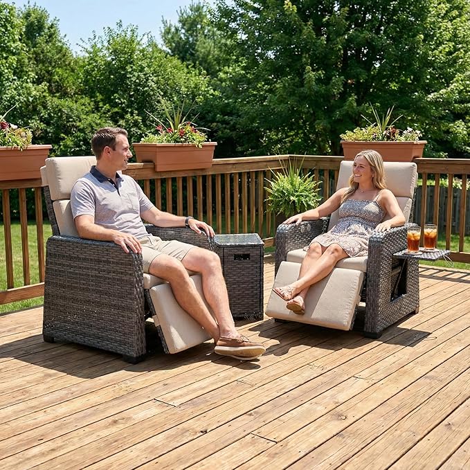 Restland Outdoor Recliner with Independent Adjustable Back & Footrest Wicker Patio Reclining Chair with Flip Table Comfortable Lounge Chair & Thick Cushion for Deck, Porch (3 Piece, Beige)