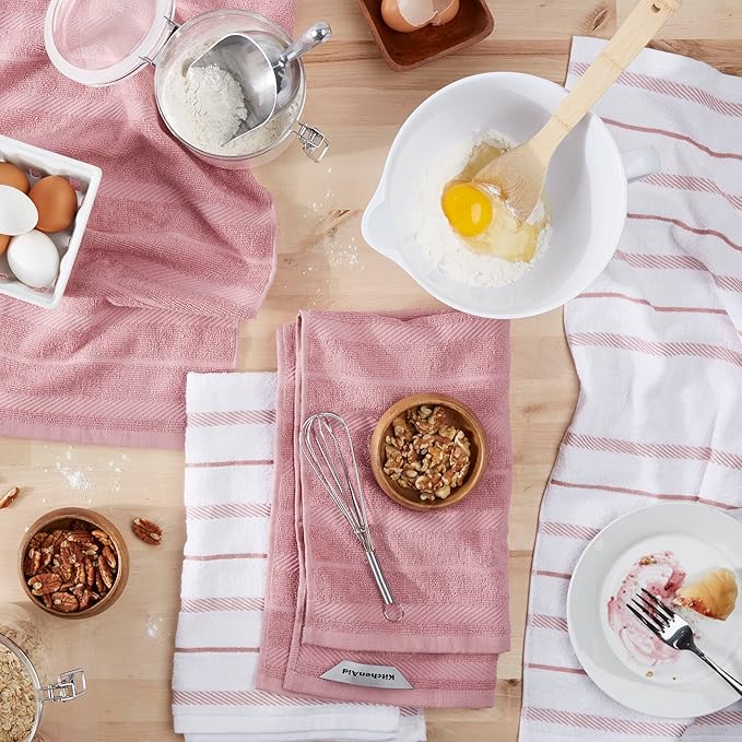 KitchenAid Albany Kitchen Towel 4-Pack Set, Dried Rose/White